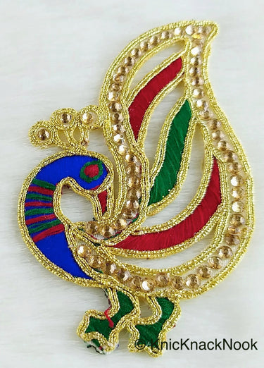 Cutwork Peacock Applique, Embroidered Peacock Applique with Stone Embellishments Red, Blue